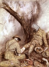 Spare, Bandaging a wounded soldier during an attack