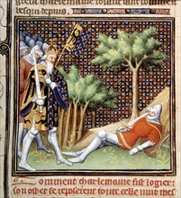 Chronicles of St. Denis. Charlemagne discovering Roland's remains at Roncevaux