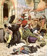 Turkish people massacring serbian peasants during the war in the Balkans