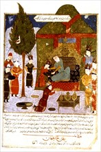 Manuscrit persan orné de 106 peintures : "Jami'al Tawarikh" de Rachid ad-Dîn (Histoire des Mongols). Genghis-Khân, sur le trône, entouré de Mongols