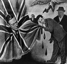 Caricature : "Razmârâ essuyant des larmes de sang sur l'Union Jack" (1951)