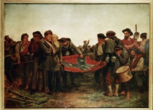 Confederate soldiers rolling up their flag after General Lee's capitulation in Appomatox in 1865