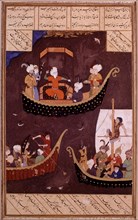 Persian miniature. Serefid school. Khosran capturing two small boats full of treasures