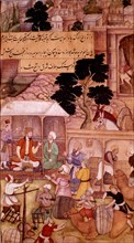 Persian miniature. Babur meeting Bedi