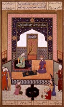 Persian miniature. Seferid school. Beautiful Shirin receiving master Farhôd to carry out some works