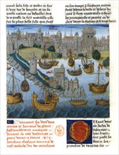 Manuscrit. Recueil des "Hystoires de Troyes" composé par Raoul Le Feure pour Philippe de Bourgogne. Port et moulin