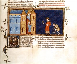 Miniature in "Miroir historial" (1333-1350). Pilgrim and beggar arriving at a castle's door