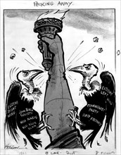 Satirical cartoon, the Statue of Liberty attacked by the far right and the far left