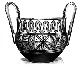 Archaic Mycenean pottery. Geometric pattern with swastika