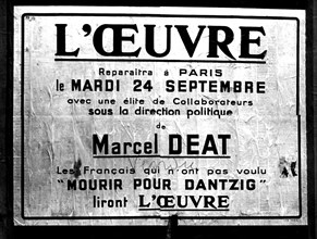 Affiche publicitaire pour le journal "L'Oeuvre" de Marcel Deat, fondateur du R.N.P. (Rassemblement national populaire)
