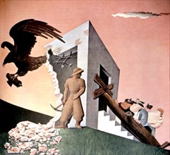 Dessin de Garetto : L'aigle fasciste s'envole devant les grandes puissance qui le regardent (1935)