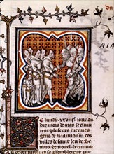 Grandes chroniques de France. La Jacquerie de 1358. Soldats traînant des prisonniers