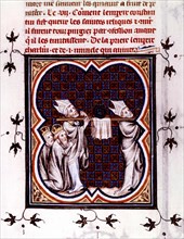 Grandes chroniques de France. Charlemagne et l'empereur Constantin agenouillés en prière devant les saintes reliques portées par deux évêques