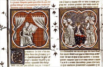 Grandes chroniques de France. A gauche : Eginhard écrivant la vie de Charlemagne. A droite : Sacre de Charlemagne à Soissons (768)