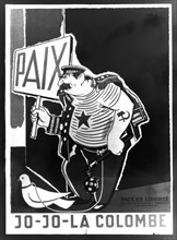 Affiche du mouvement "Paix et Liberté". Caricature à propos de Staline et de ses propositions de paix : "Jo-Jo-la colombe"