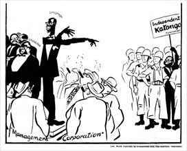Katanga. Caricature parue dans le "Manchester Guardian" : Lumumba, Kasabubu et Tshombé