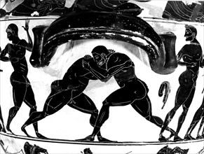 Attic style. Detail of a vase with black figures: wrestling scene