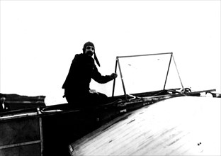Blériot crossing the English Channel. Here, in his cockpit, in Calais, at 4 a.m.