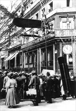 Paris. Model of Blériot's aeroplane on exhibition in front of the offices of the newspaper "Le Matin"
