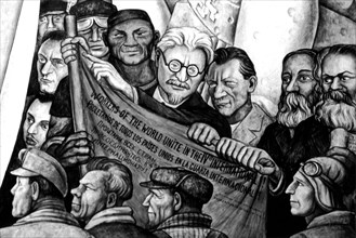 Fresque de Diégo Rivera. Léon Trotski et la IVème Internationale devant tous les peuples du monde. Sur la droite, Karl Marx. Secrétariat de l'éducation nationale. Mexico.