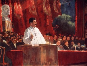 Staline au 6ème Congrès du parti communiste russe. Gravure de A. Gerossimov