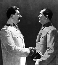 Affiche de propagande. Staline et Mao : "Que vive et grandisse l'amitié indestructible et la coopération"