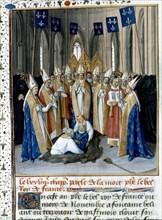 Miniature de Jean Fouquet. Chroniques de Saint-Denis. Enterrement de Philippe le Bel (1285-1314) à Saint-Denis