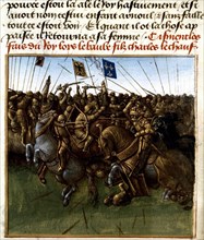 Miniature by Jean Fouquet. Chronicles of Saint-Denis. Louis III and Carloman, son of Louis the Stutterer, fighting the Normans at Saucourt-en-Vimell (877-879)