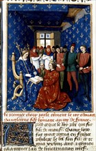 Miniature by Jean Fouquet. Chronicles of Saint-Denis. Edward II, son of Edward I of England, paying tribute to Philip the Fair