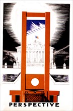 Dessin de Paul Iribe. "Perspective". La chambre des députés en perspective derrière une guillotine (1934)