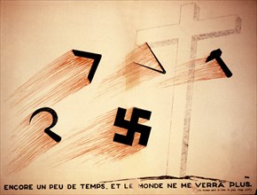 Drawing by Paul Iribe. The christian cross attacked by the swastika, the hammer and sickle, the compass and square of the Freemasons