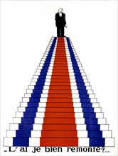 Dessin de Paul Iribe. Un député en haut d'un escalier tricolore.