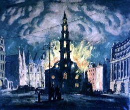 H. Carr, Londres, L'église Saint-Clément en feu après un bombardement