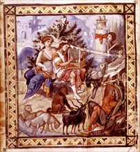 Psalter with comment. David playing the lyre while watching over the city of Bethlehem.
