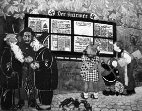 Caricature antisémite extraite d'un livre illustré destiné aux enfants : / Trois vieux juifs constatent que les enfants aryens lisent le journal antisémite "Der Stürmer"