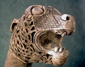 Pole with carved animal head found in the funerary treasure of Oseberg