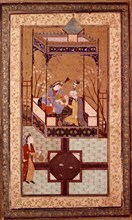 Persian miniature. Boukhara school. Conversation in a garden