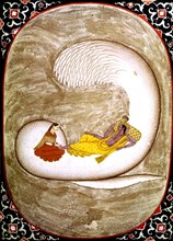 Miniature indienne représentant un couple assis sur un serpent