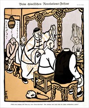 Caricature de Th. Heine, "Chez le coiffeur de la révolution chinoise"