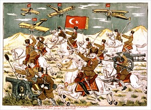 Imagerie populaire turque. Mustapha Kemal (Attaturk) attaquant les Grecs à Sékariae