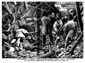 Saving of miners after the accident happened in the mine of Courrieres