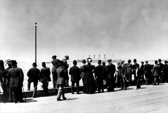 The great ocean liner 'Lusitania' leaving New York