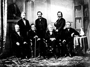 Photo by Brady. The accusation committee of United States president Andrew Johnson (1808-1857), before the Senate, in 1868. He was acquitted. Sitting, from left to right: Benjamin Butler, Thaddeus Ste...