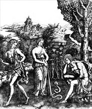 A rather mysterious allegory: a woman, two men and a snake. The theory is that the woman will give herself to he who is seduced by the serpent