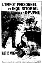 Affiche illustrant la menace de l'impôt personnel et de l'inquisition sur le revenu