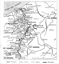 Le front franco-anglo-belge et le front allemand au moment où commence la bataille de l'Yser