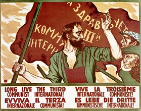 Affiche soviétique pour la IIIème Internationale ou "Komintern" écrite en plusieurs langues