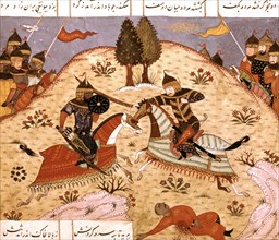 Persian manuscript, Fight between Rustam and his son Sohrab