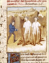 Miniature, Torture of Jacques de Molay and Geoffroi de Charnay, 1314