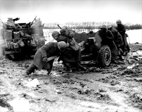 Libération de la France. Les hommes de troupe en train de placer un canon près de Butgenbach, 1944